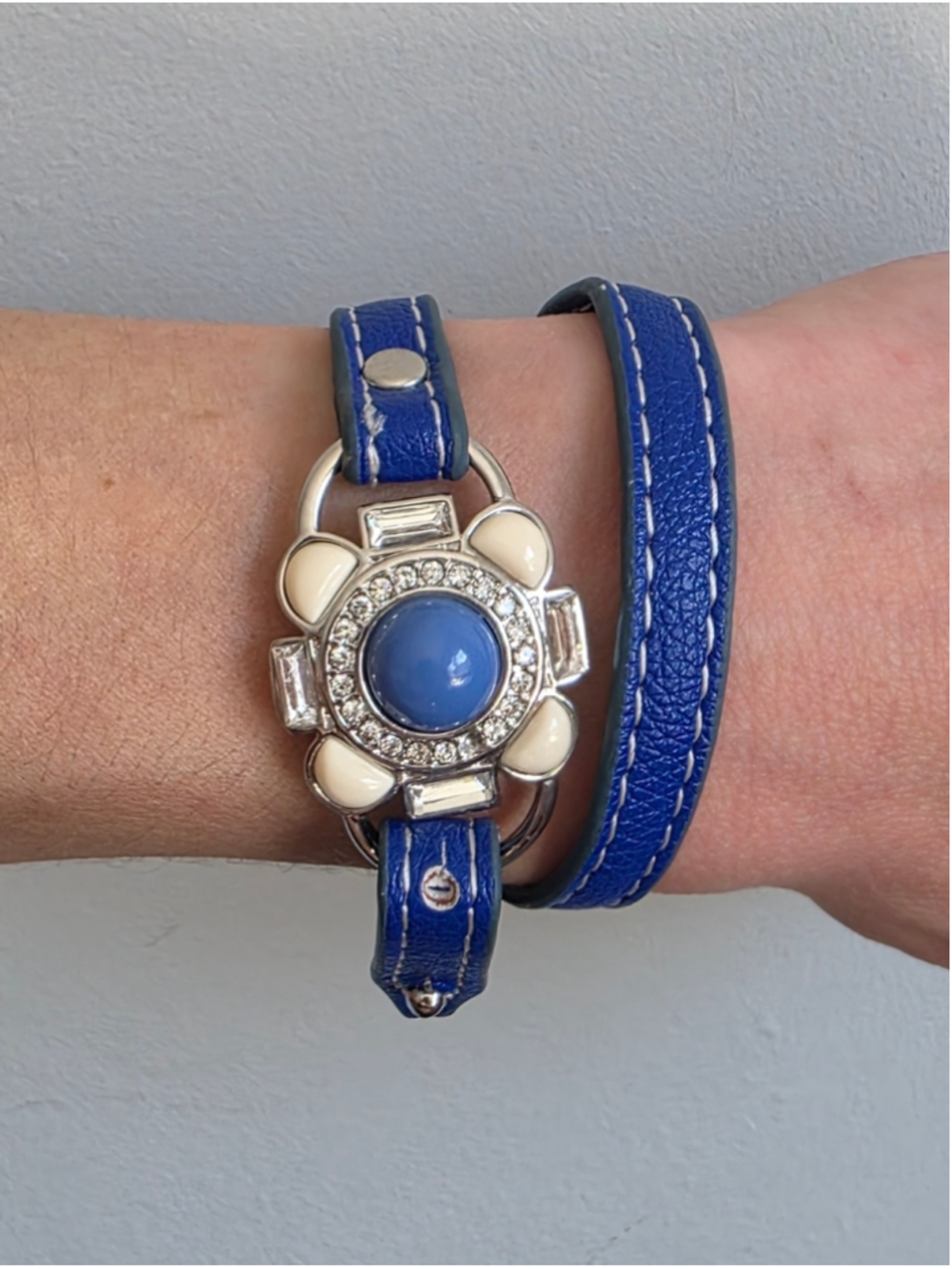 Lia Sophia Blue Wrap Bracelet Faux Leather Silver Tone Crystal Adjustable